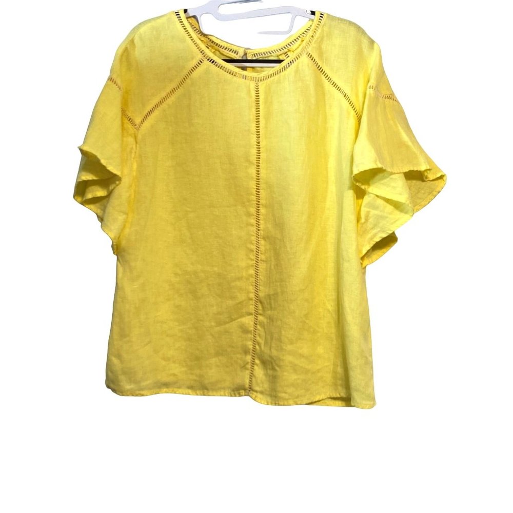 Symple NYC Blouse Womens Yellow Linen L Short Flutter Sleeve Shirt Lightweight